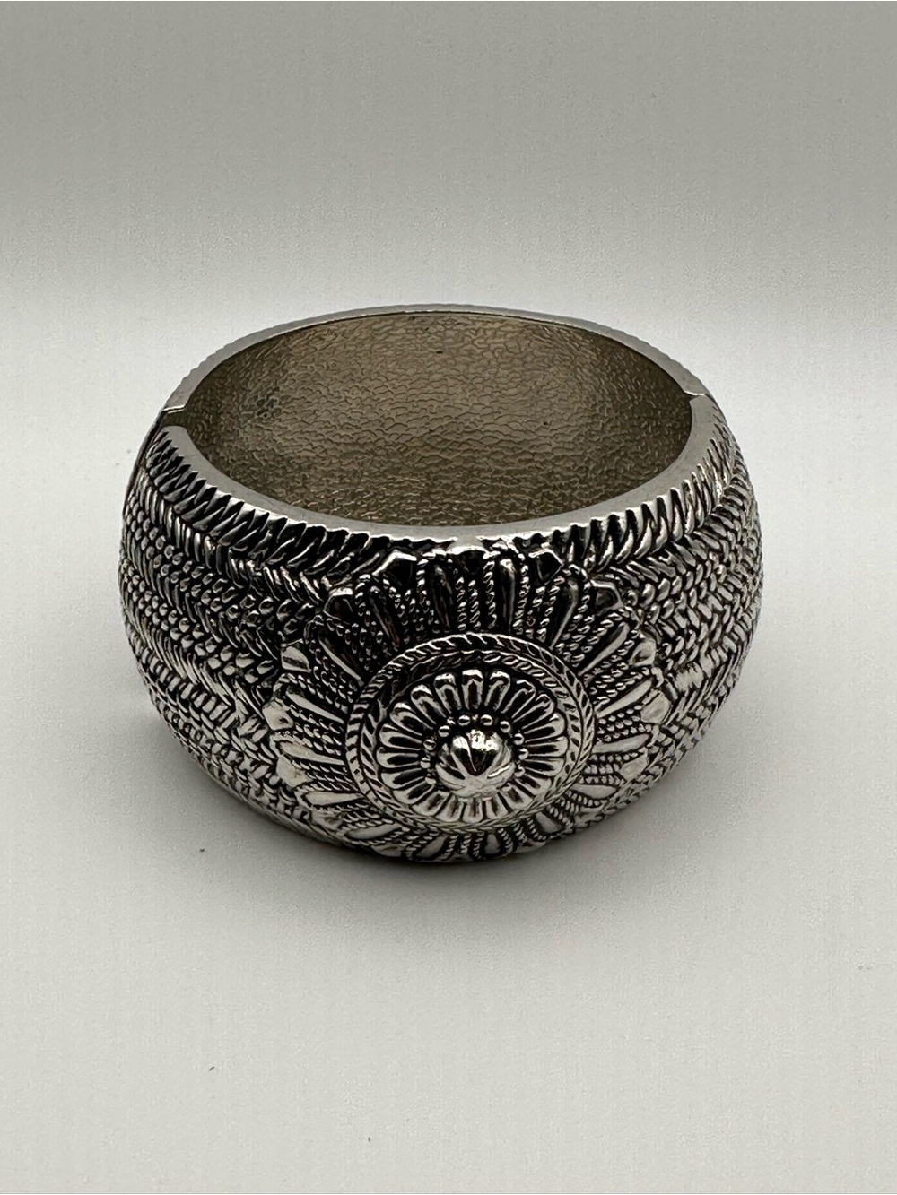 Ornate Silver-Tone Floral Cuff Bracelet